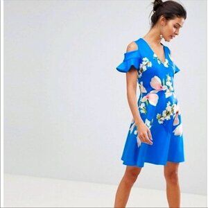 Ted Baker London Ambre Harmony Blue Floral Skater Cold Shoulder Dress Size 2